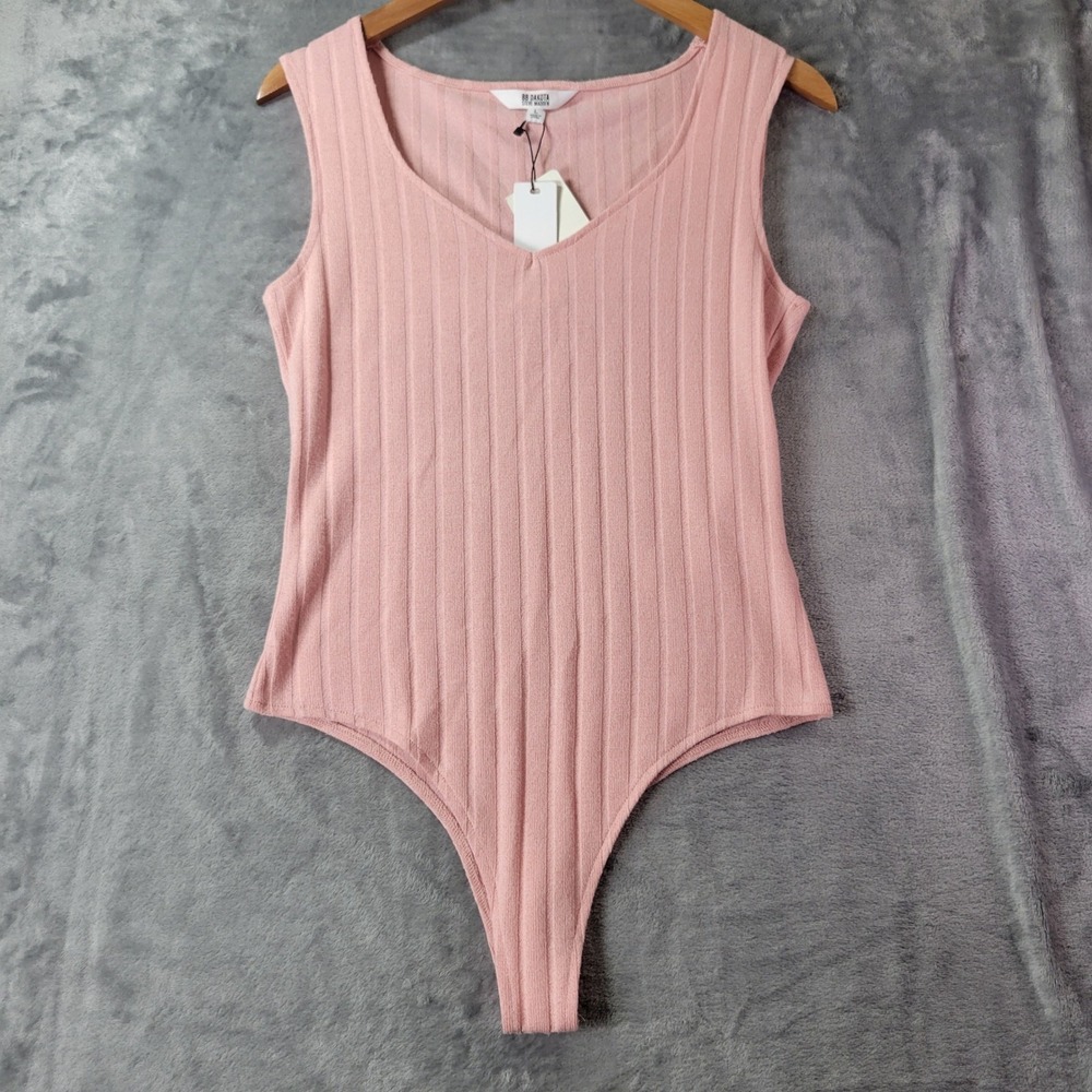 BB Dakota Steve Madden Pink Ribbed V-Neck‎ Sleeveless Bodysuit Chic Basics L NEW